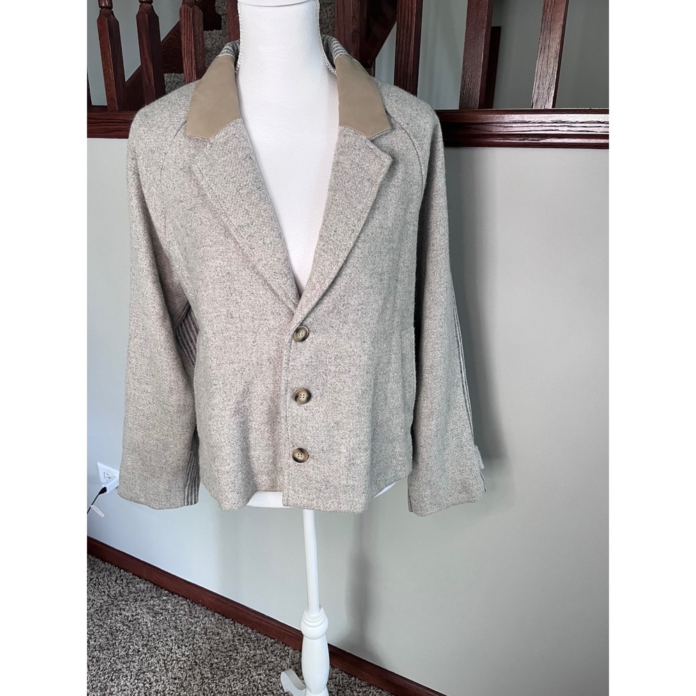 Mystree Women Grey Wool Blend Striped Knit Mixed Media Jacket Small Faux Leather